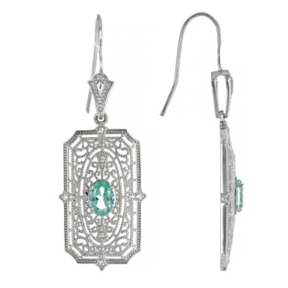 Art Deco Style Green Spinel & White Zircon Earrings Sterling Silver